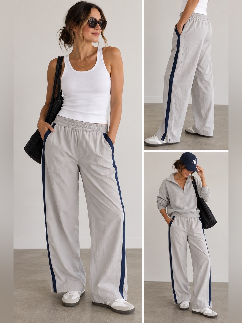 Princess Polly Light Gray Track Pants with Navy Side Stripe Sz 4